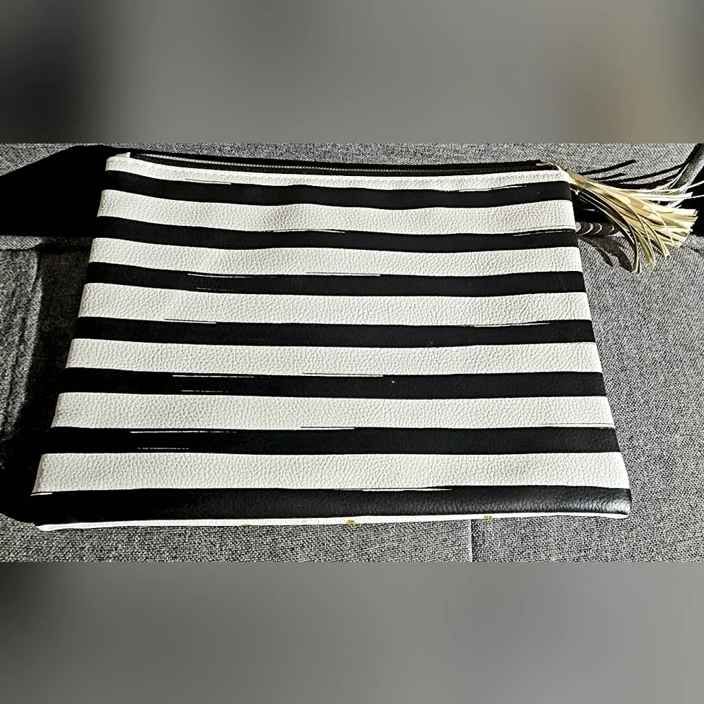 But first Me time black and white pin striped with kiss laege makeup pouch